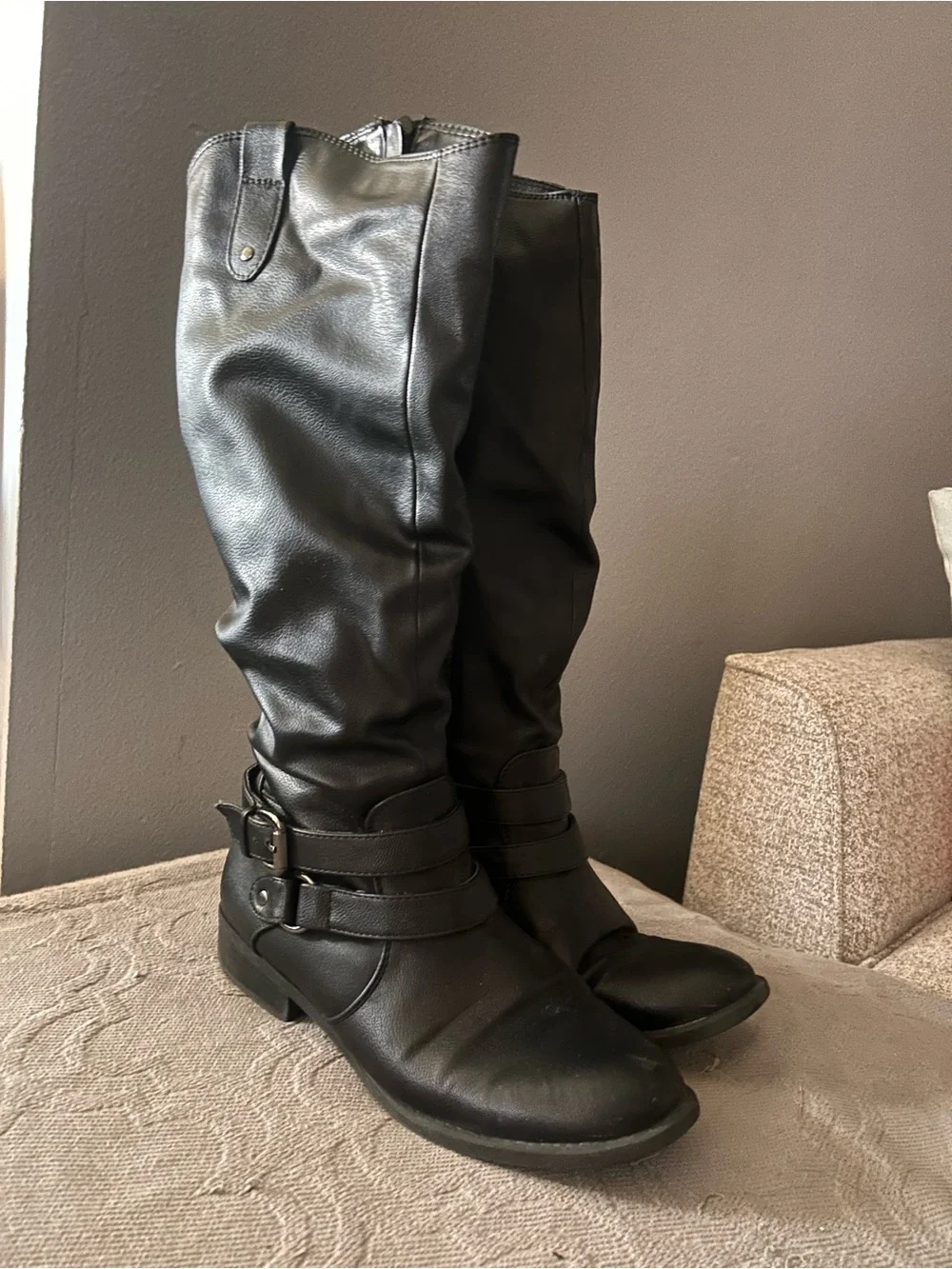 Tall Black Leather Buckle Boots